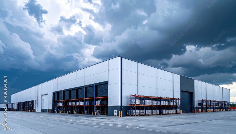 Obraz premium Modern Industrial Warehouse Under Dramatic Cloudy Sky Scene