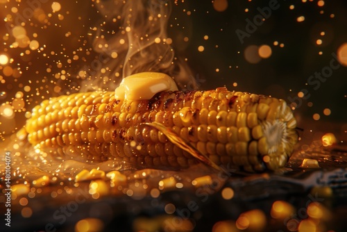 A delicious grilled corn on the cob, golden char marks, melting butter on top, smoky background, rustic outdoor setting, night market atmosphere, warm lighting, street food vibes, high 