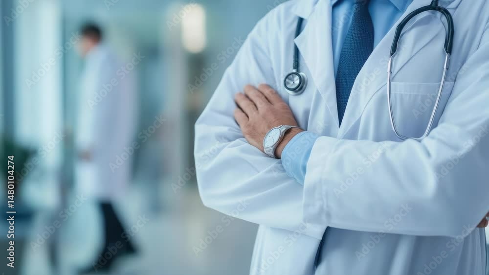 A doctor stands with their arms crossed, looking confident and professional A doctor stands with their arms crossed, looking confident and professional