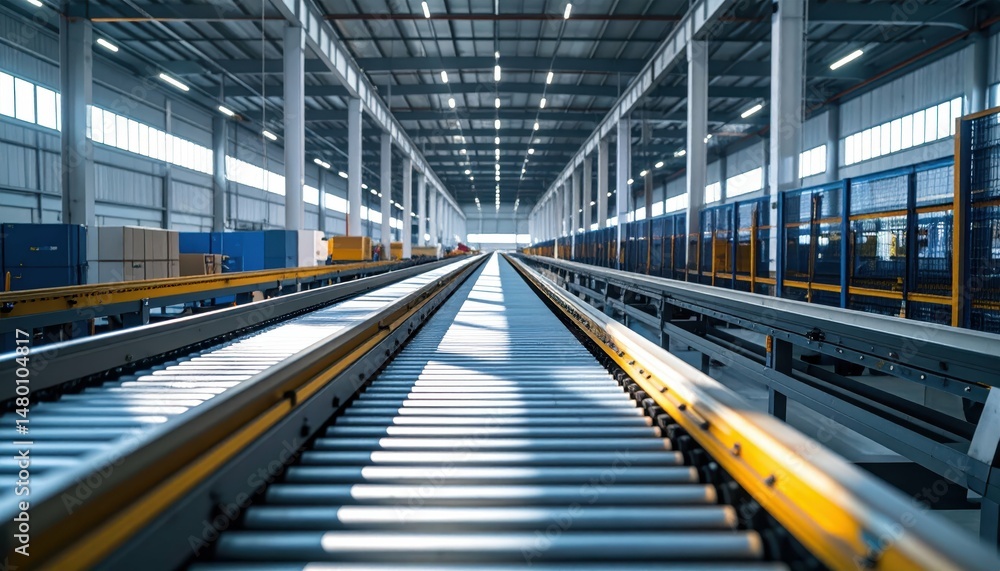 Industrial Conveyor System in Modern Warehouse with Bright Lighting Industrial Conveyor System in Modern Warehouse with Bright Lighting