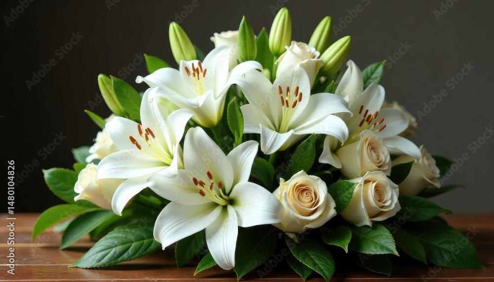 Obraz premium Elegant white lilies and roses funeral arrangement Perfect for sympathy, remembrance, and grief , sympathy bouquet, elegant flowers, respectful flowers