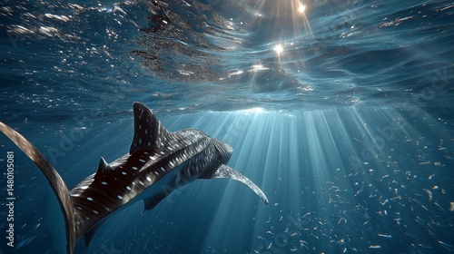 Majestic Whale Shark Swimming Gracefully Under Sunlit Ocean Waves