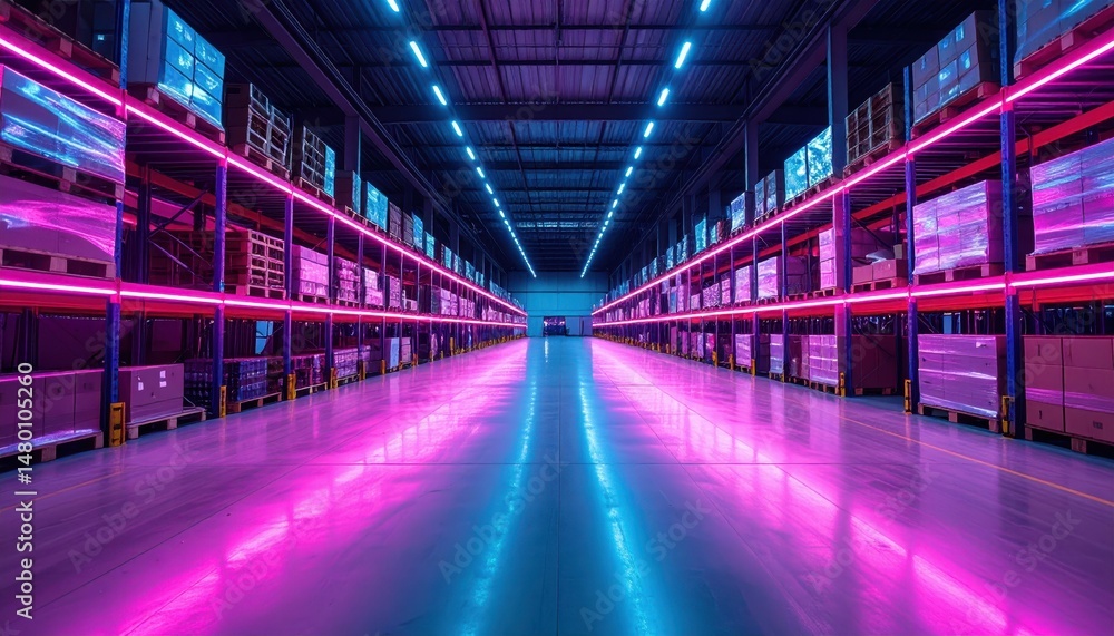 Fototapeta premium Modern Warehouse Interior with Neon Lights and Empty Aisle Space