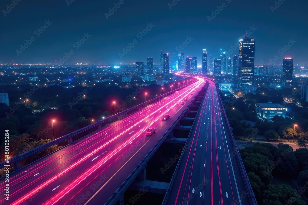 Fototapeta premium Futuristic cityscape at night, glowing fiber optic cables representing the information superhighway , graphic, cityscape, design