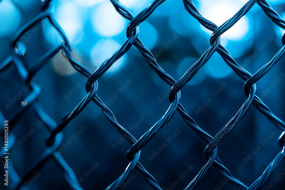 Closeup view of a chain link fence dark blue tones blurred background Closeup view of a chain link fence dark blue tones blurred background