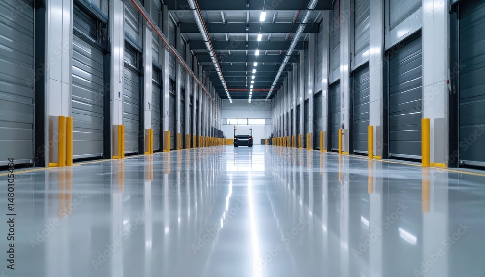 Fototapeta premium Spacious and Modern Warehouse Interior with Clean Reflective Floor