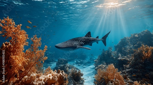 Majestic Whale Shark Swimming Through Vibrant Coral Reef Scene