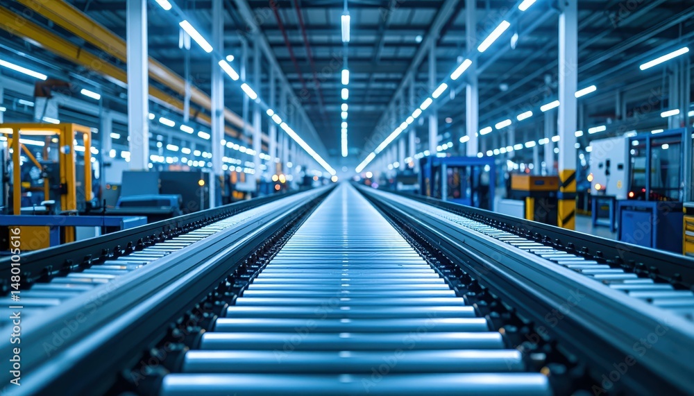 High-Tech Warehouse with Automated Conveyor System and Bright Lighting High-Tech Warehouse with Automated Conveyor System and Bright Lighting