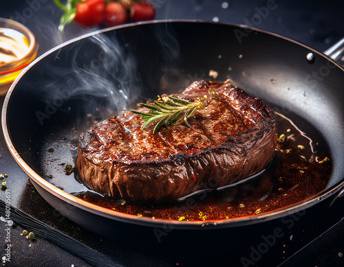 steak frying in pan