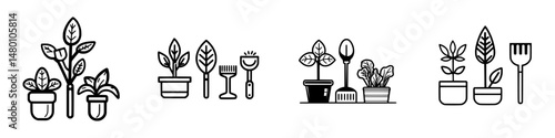 Vector illustration icons of potted plants and gardening tools showcasing indoor greenery