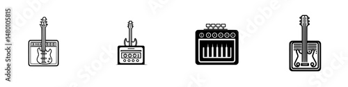 Vector illustration icons of guitar amplifiers and electric guitars in various designs showcasing musical instruments and sound equipment