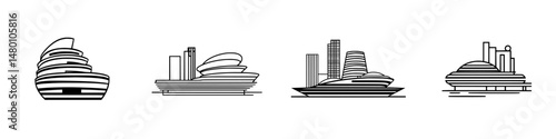 Modern vector illustrations of various yacht designs showcasing sleek contours and architectural features in a minimalist style