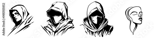 Vector illustration icons depicting hooded figures and a stylized face representing mystery and identity in monochrome style