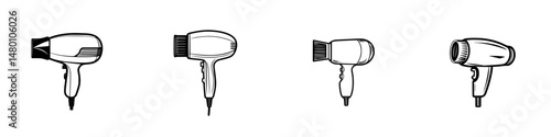 Vector illustration of various hair dryer designs showcasing different styles and functionalities for personal grooming