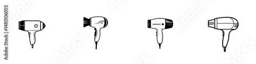 Vector illustration icons of various hair dryers showcasing different designs and styles for beauty and grooming purposes