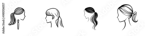 Different hairstyles featuring ponytails, braids, and loose hair in a simple vector illustration style