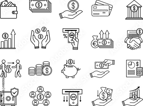 Finance Icons Set. Vector Icons of Money, Credit Cards, Lender, Increasing Income, Budget, Deposit, Withdrawing Money, Financial Monitoring, Bank, Mutual Fund, and Other