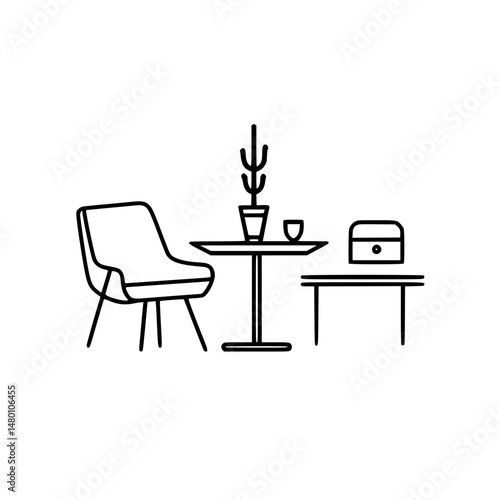 Modern vector illustration of a minimalist living room setup featuring a chair, table, and decorative elements