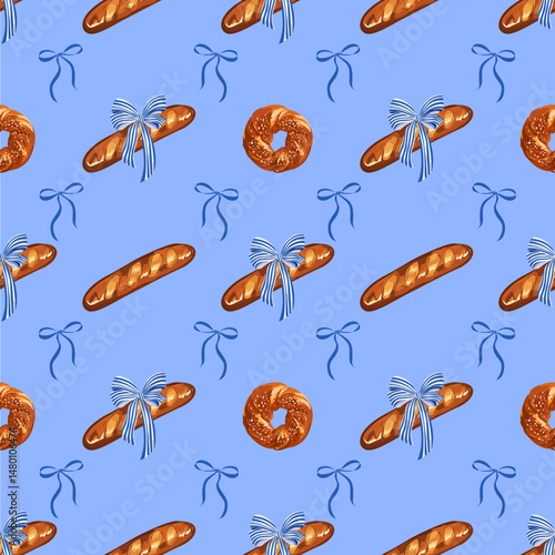 Seamless Bread and Ribbon Pattern, Cute Bakery Background on Blue