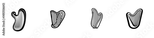 Vector illustration of diverse harp designs showcasing various shapes and styles in a minimalist approach