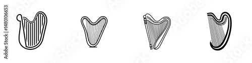 Vector illustration of various harp designs showcasing the evolution of musical instrument aesthetics in a minimalist style