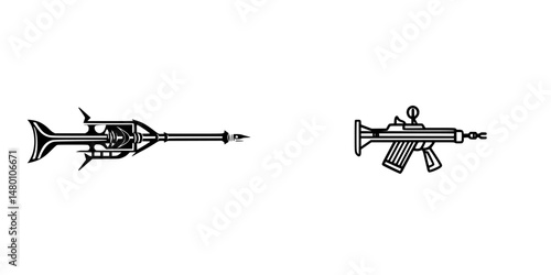 Illustration of futuristic weapon designs for art and gaming concepts featuring a spear and an assault rifle