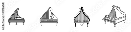 Classic piano designs showcasing various styles in a vector illustration format for music enthusiasts and designers