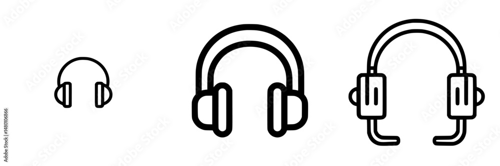 Vector illustration of headphones in three sizes representing audio technology for music lovers and gamers Vector illustration of headphones in three sizes representing audio technology for music lovers and gamers