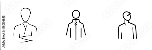 Vector illustration of three stylized human figures displaying different poses and attire in a minimalist design