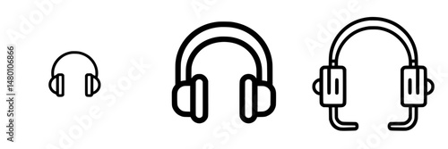 Vector illustration of headphones in three sizes representing audio technology for music lovers and gamers