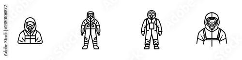 Vector illustration of four distinct figures in protective suits with different poses, emphasizing safety and equipment