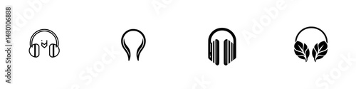 Vector illustration icon set featuring diverse headphone designs and elements that represent music and sound enjoyment