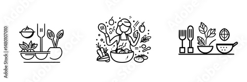 Creative culinary activities illustrated with vector icons showcasing cooking, preparing fresh ingredients, and serving meals