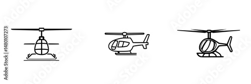 Vector illustration of three distinct helicopter designs showcasing different angles and styles in a minimalist format
