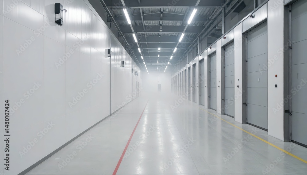 Obraz premium Modern Industrial Warehouse Interior with Foggy Ambiance and Doors