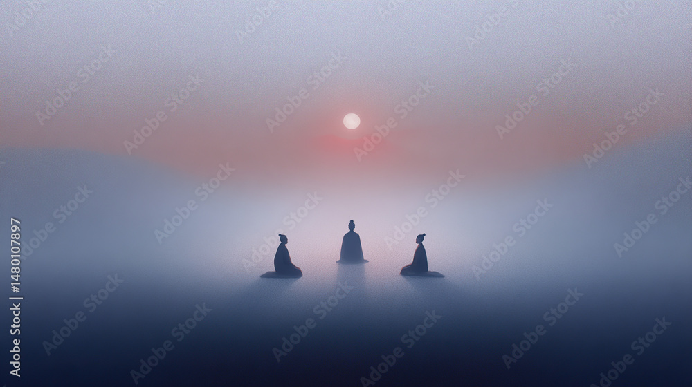 Three Figures Meditating at Sunrise in Misty Landscape