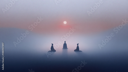 Obraz na płótnie Three Figures Meditating at Sunrise in Misty Landscape w salonie