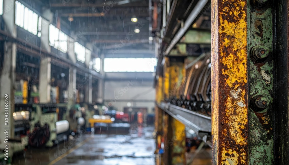 Rusty Metal Structure in Industrial Warehouse with Rainy Atmosphere Rusty Metal Structure in Industrial Warehouse with Rainy Atmosphere