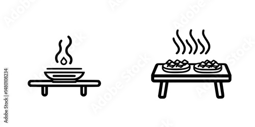 Vector illustration of steaming dishes on tables depicting traditional food preparation and dining experiences