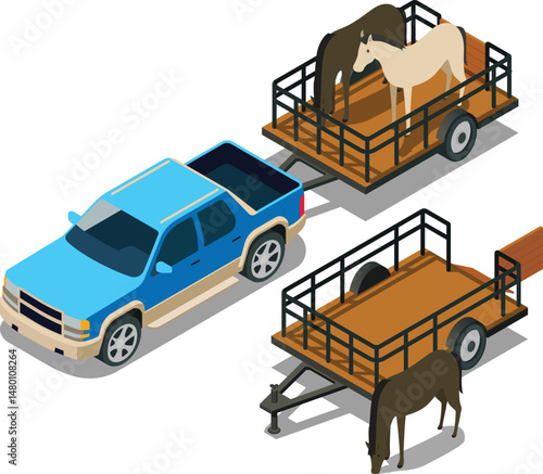 Isometric truck towing caged trailer with horse