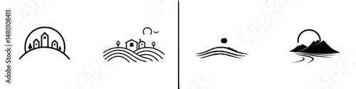 Vector illustration icons depicting rural landscapes with hills, homes, and mountains at sunset, showcasing nature's beauty and tranquility