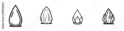 Vector illustration icons of water droplet, crystal, flame, and leaf designs for artistic and environmental purposes