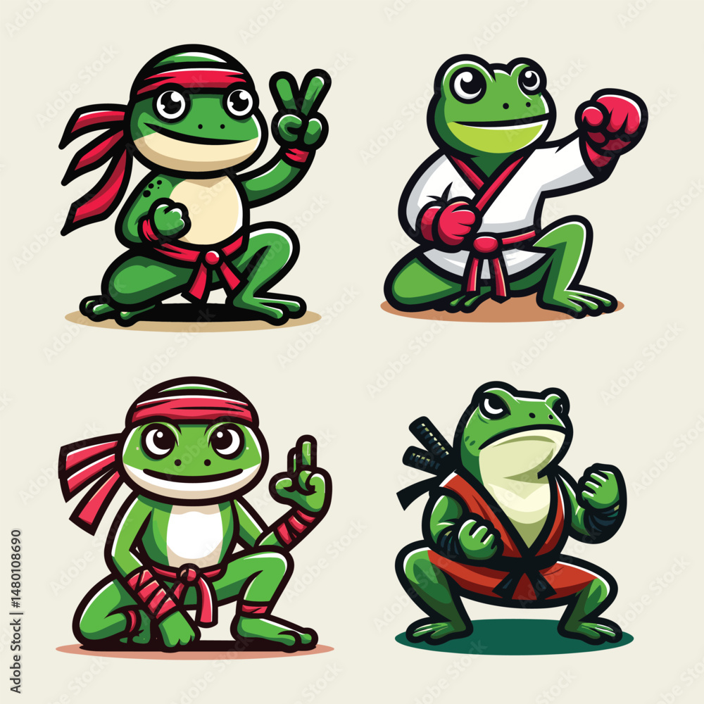 Fototapeta premium Cartoon Martial Arts Frogs – Karate and Ninja Style Vector Characters