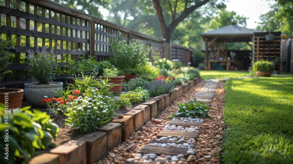 Handmade trellis in a backyard herb garden Handmade trellis in a backyard herb garden