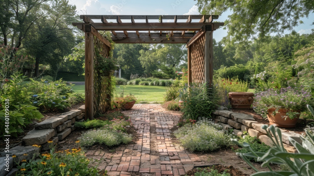 Handmade trellis in a backyard herb garden Handmade trellis in a backyard herb garden