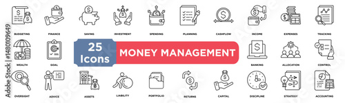money management icon collection set. Containing budgeting,finance,saving,investment,spending,planning,cashflow,income,expenses and tracking icon. Simple line vector.