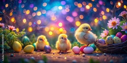 Hand-Painted Easter Chicks & Eggs Night Scene - Floral Background Stock Photo