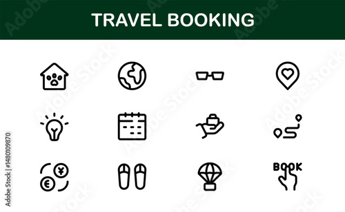Premium Travel Reservation and Trip Planning Icon Set. Modern Vector Illustrations for Vacation, Hotel, Flight, and Transportation Design