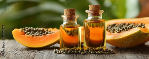 Golden oil extracted from ripe papaya fruit, displayed with its seeds on a wooden surface