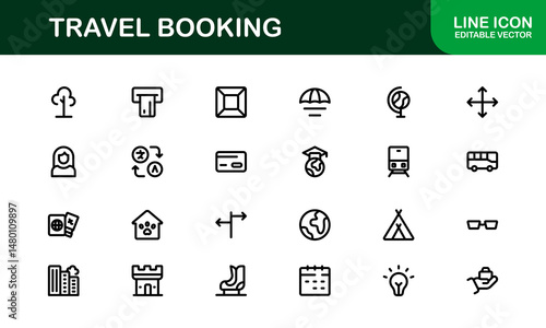 Premium Travel Reservation and Trip Planning Icon Set. Modern Vector Illustrations for Vacation, Hotel, Flight, and Transportation Design
